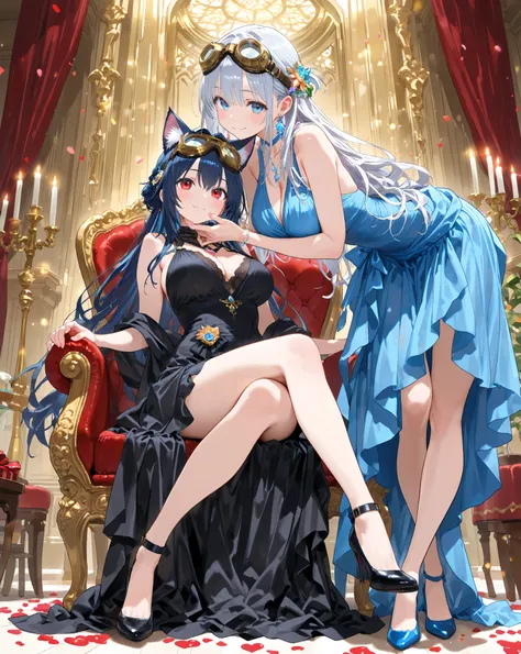 2girls, ((two Cat Ears women、[ silver hair,  blue eyes, blue dress],[Jet Black Hair、 red eyes、black dress]:1.2)),  HDR animation    , Cat ears、(All women should wear gold precision goggles over their heads :1.15), (Full body shot from 足元からの角度:1.3)、Sexy and...