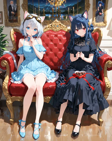 2girls, ((two Cat Ears women、[ silver hair,  blue eyes, blue dress],[Jet Black Hair、 red eyes、black dress]:1.2)),  HDR animation    , Cat ears、(All women should wear gold precision goggles over their heads :1.15), (Full body shot from 足元からの角度:1.3)、Sexy and...