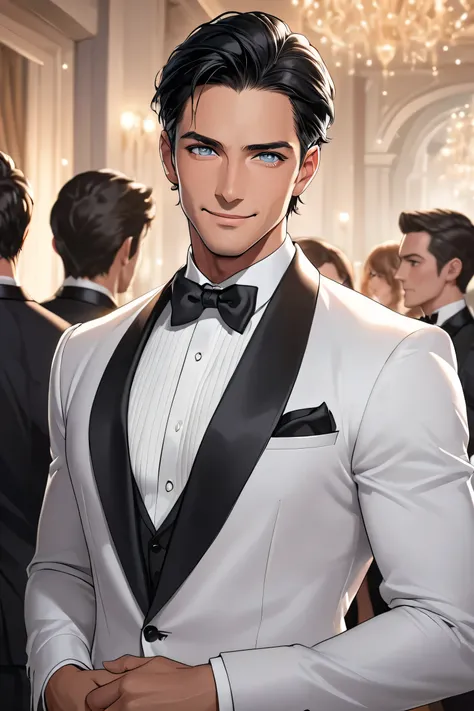 (masterpiece, best quality, 8k, high definition), whole body, man, short black hair, fit body, grey eyes, tanned skin, handsome face, wearing a tuxedo, natural light, detailed background, Detailed Illustration Art, at a celebrity party, scheming expression...