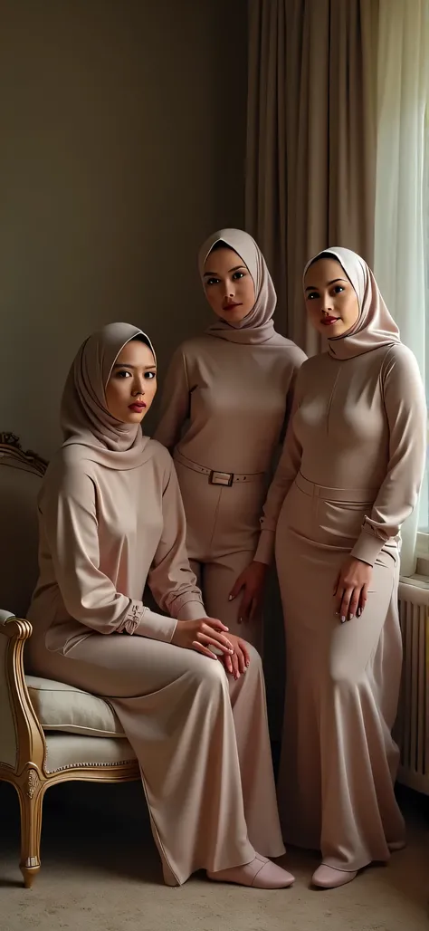 three women, satin hijab, different lengths (one tall, one petite, one average body), naked, waist belt, long satin gloves, tall leather boots, looking at camera, (one sitting two standing), symmetrical face, perfect facial features, in bedroom, flawless b...