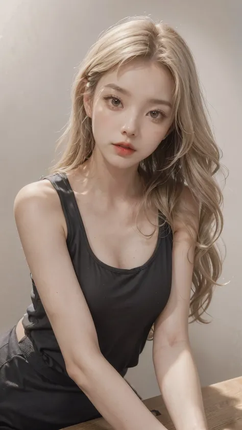 Girl wearing, luxury  shoulder length hair, wavy hair, glowing skin, star in eye, red lips, grey  background, cute poses , upper body, light blonde hair, wearing sexy black tank top inside,  sitting , cute poses, tight tank top from shoulder, bright yellow...