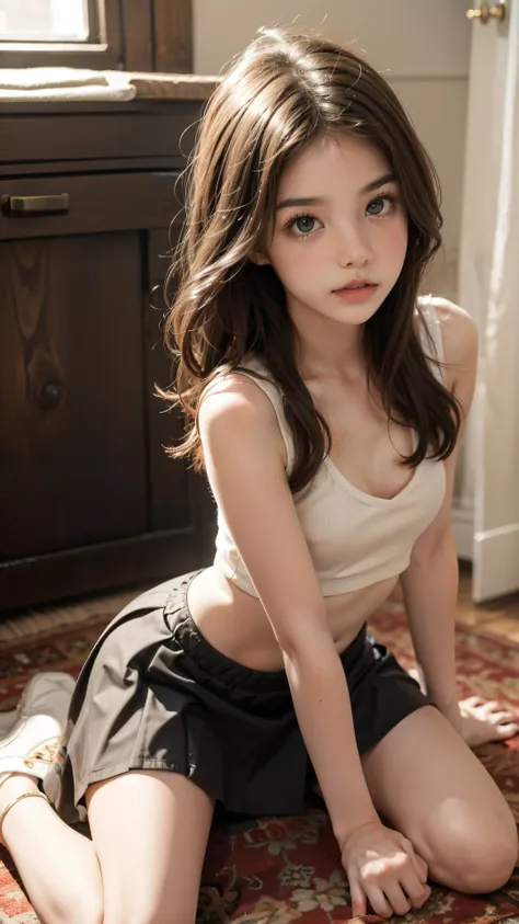 sassy girl (tween) In miniskirt   ,    kneeling, legs spread apart, gap between thighs