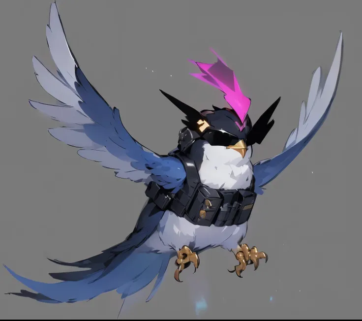 in realistic style， high precision refinement，8k，A cute q version bird wearing black sunglasses in the shape of a lightning，Wearing a bulletproof vest，