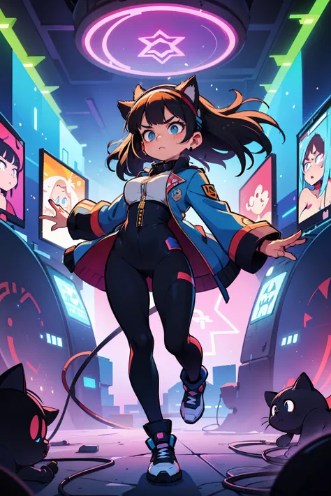 top quality,  super high resolution,*"The grand cyber circus stage suddenly glitches—holographic screens flicker, neon lights distort, and the air crackles with fragmented data. At the center of the chaos, Azrael Mew stands firm, her glowing blue visor dis...