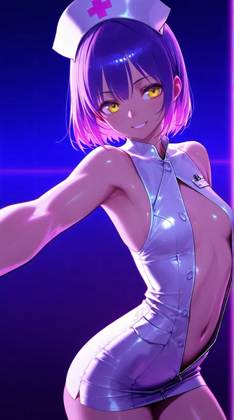 (low lighting), (neon atmosphere), light background, 1 hot girl, yellow eyes, grin, gorgeous, lilac hair, school girl, small breasts, navel, exposing clothes, nurse, armpits, tight body, Kizi，eyes looking off to side, Highly detailed, Amazing work，Vitreous...