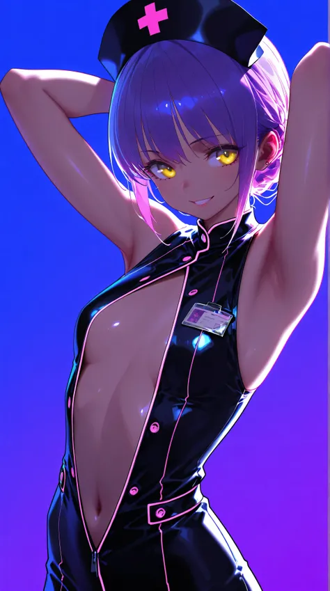 (low lighting), (neon atmosphere), light background, 1 hot girl, yellow eyes, grin, gorgeous, lilac hair, school girl, small breasts, navel, exposing clothes, nurse, armpits, tight body, Kizi，eyes looking off to side, Highly detailed, Amazing work，Vitreous...