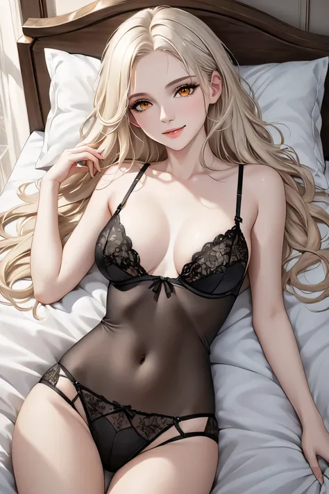 (masterpiece, best quality, 8k, high definition), whole body, woman, long platinum blonde hair, mid-chest, soft amber eyes, soft lips, pale skin, beautiful face, wearing black lingerie, natural light, detailed background, Detailed Illustration Art, sultry ...