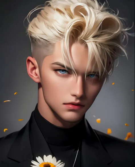  Platinum blond guy 25 ,clear face, undercut cut ,long bangs on one side of the undercut's face in the side , amber eyes, vertical scar on the eye and eyebrows on the left , dressed in a black shirt and black pants  , one hand in the pocket in the other bo...