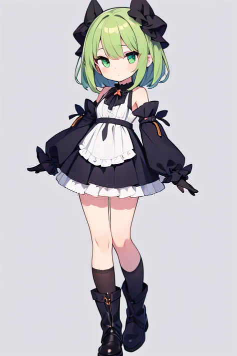 1girl, beautiful detailed eyes, frilled_sleeves, sleeves, arms at sides, upright, concept art, solo, cowboy shot, full body, looking at viewer, grey background, simple background, chibi, green hair,