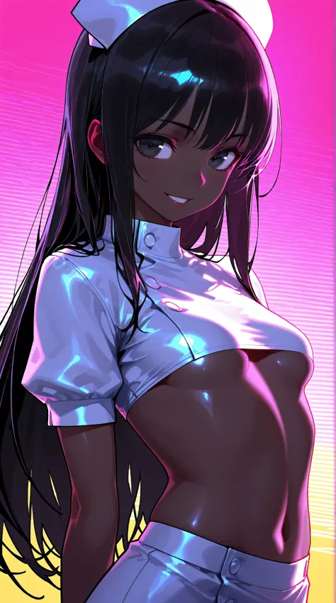 (low lighting), (neon atmosphere), light background, 1 hot girl, very dark skin, black eyes, grin, gorgeous, long hair, school girl, small breasts, navel, underboob, nurse, tight body, Kizi，eyes looking off to side, Highly detailed, Amazing work，Vitreous l...