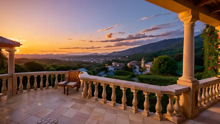 Create an image of a grand castle balcony overlooking a breathtaking sunset. The balcony is adorned with elegant stone railings, intricate carvings, and a few ivy vines creeping along the edges. The sky is a masterpiece of color, with hues of deep orange, ...