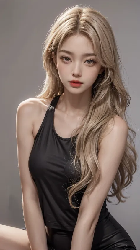 Girl wearing, luxury  shoulder length hair, wavy hair, glowing skin, star in eye, red lips, grey  background, cute poses , upper body, light blonde hair, wearing sexy black tank top inside,  sitting , cute poses, tight tank top from shoulder, bright yellow...