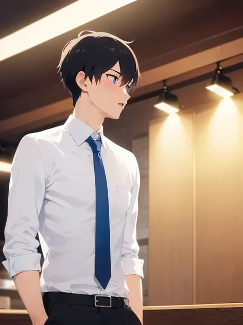 side angle, (looking away:1.5), standing, (at night:1.5), masterpiece, best quality, Japanese manga style, upper body, (25 year old male: 1.5) and (short black hair) and (blue eyes), BREAK (white collared shirt) and (blue tie) BREAK surprised, open mouth, ...