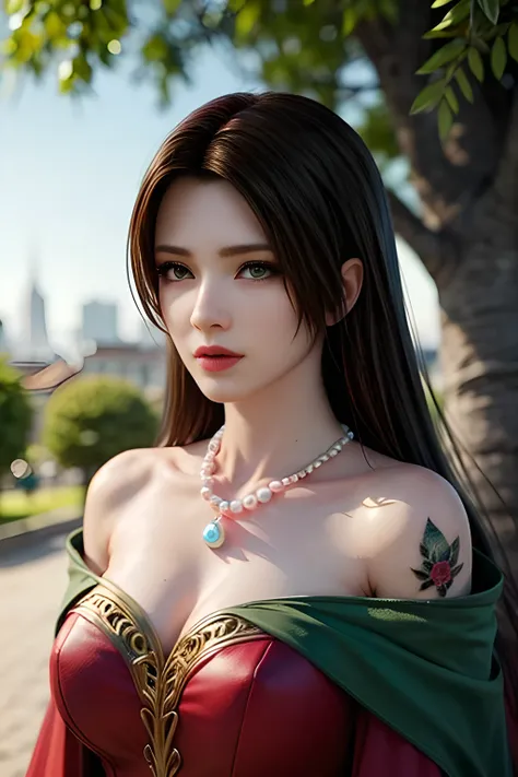 A young woman with long brown hair, wearing a deep red cloak with fur accents and gold jewelry, a pearl necklace, and intricate flower tattoos on her shoulder. She has a confident expression, glowing green eyes, and is in a modern city environment with a c...