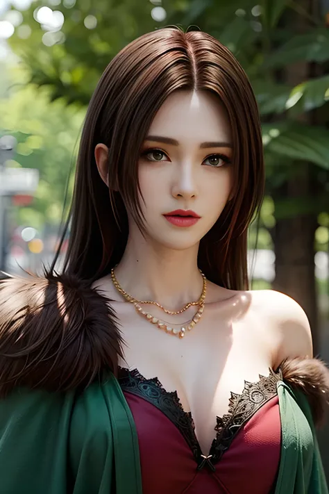 A young woman with long brown hair, wearing a deep red cloak with fur accents and gold jewelry, a pearl necklace, and intricate flower tattoos on her shoulder. She has a confident expression, glowing green eyes, and is in a modern city environment with a c...