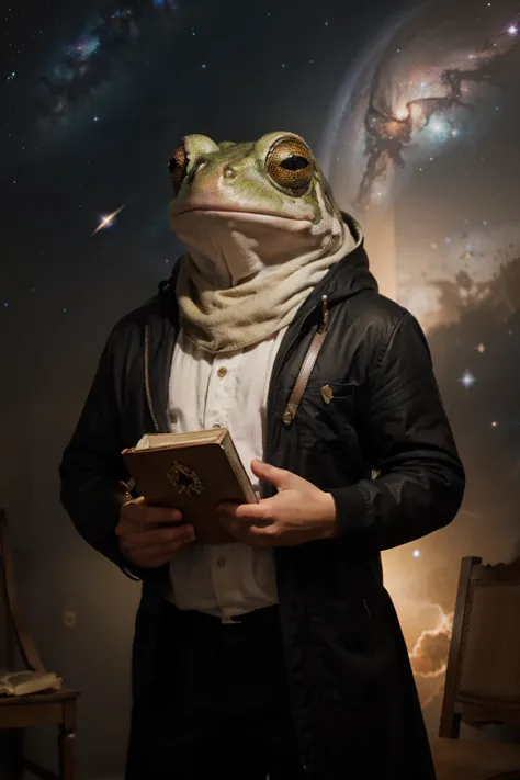 A shining frog carrying a large sword in the right hand and in the left hand carrying the Book against the background of galaxies and stars