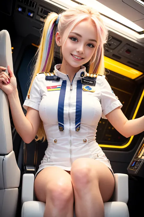 Cute blonde with rainbow colored hair tips, ribbons in her hair, 18-year-old woman, happy, smiling, in twin tails, perfect eyes, clear sparkling blue eyes, pale skin, silky smooth white skin, alabaster skin, flying a fancy metal luxurious space ship, futur...