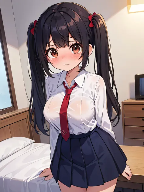 Masterpiece, highest quality, high resolution, shojo manga touch, shojo manga core, ((big breasts, 150cm tall, big eyes, brown eyes, black hair, short twin tails)), ((white dress shirt, navy blue pleated skirt, red tie)), ( girl, small-faced loli), surpris...