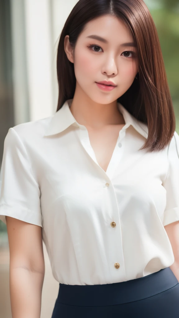 thirty-two years old, Japanese, woman,
162cm height, 52kg weight, B84/W60/H86,
oval face shape, well-groomed thin eyebrows, intelligent sharp eyes, straight nose, small refined lips, slim build,
perfect professional makeup, elegant and sophisticated appear...