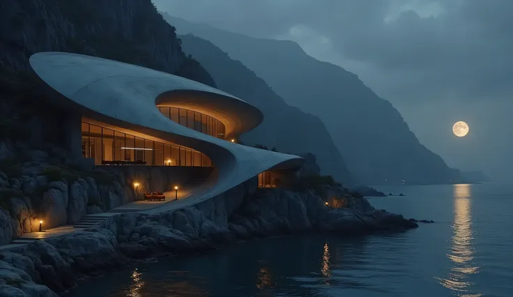 Massive curved concrete futuristic architecture on the mountainside. Sea. Night scene, Dark, Moon, Lamp light.