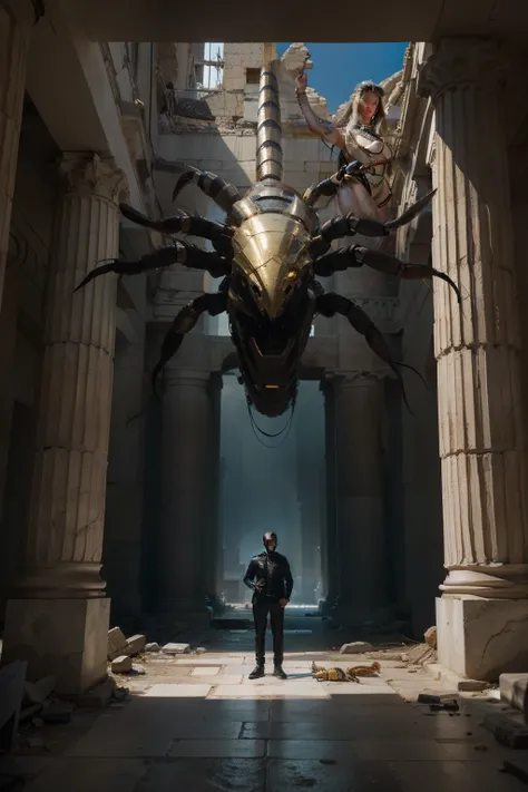 A man dressed in all black stands confidently amid the ruins of a magnificent ancient Greek temple, surrounded by towering marble pillars. On her side , a giant scorpion-shaped mechanical creature with a sparkling gold-plated body, intricate futuristic des...