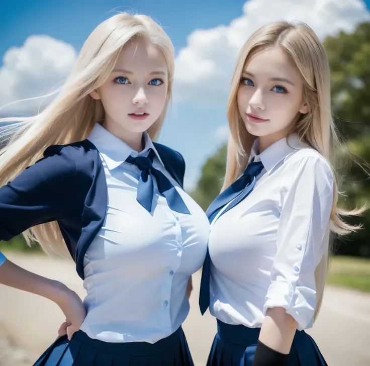 8K quality, Bright professional photo , Two slender beautiful girls , Above chest, ( They are completely wearing smooth and tight high school girl uniforms so their skin is not visible:1.3), (My long-hemmed shirt is tight because of my big breasts:1.2), (T...