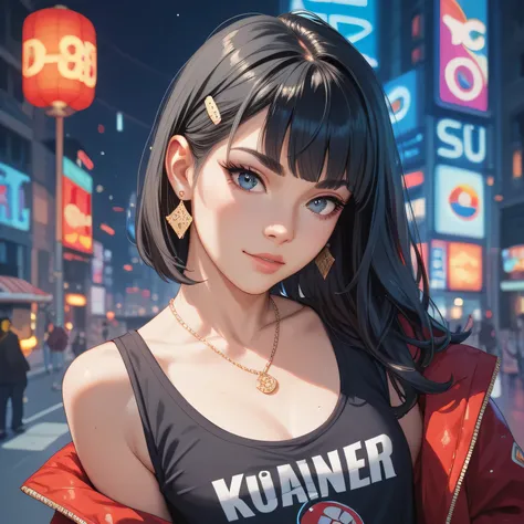 Young 20-year-old girl, black-haired woman, Cut Channel, modern blue and black clothing, Do you have the power of intelligence.