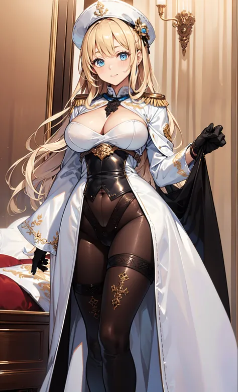 (( masterpiece)),(( top quality combat bed)),(( 8,000)),(( fantastic art )),(alone), 1 teen girl,The girl's figure ，perfect face, Fantasy World,((white short half body military uniform)),((white general's hat)),((Blonde curly hair)), Bazihu , ((compression...