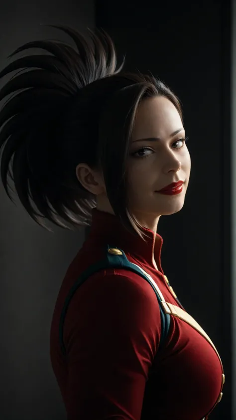 Momo from My Hero Academia with Athletic muscular toned Body and gigantic breast,young,Japanese race,original hair,glossy skin,bright dramatic lighting,red lipstick,mid level view, side profile, confident heroic expression,smirk,full hero uniform,sfw,eyes ...