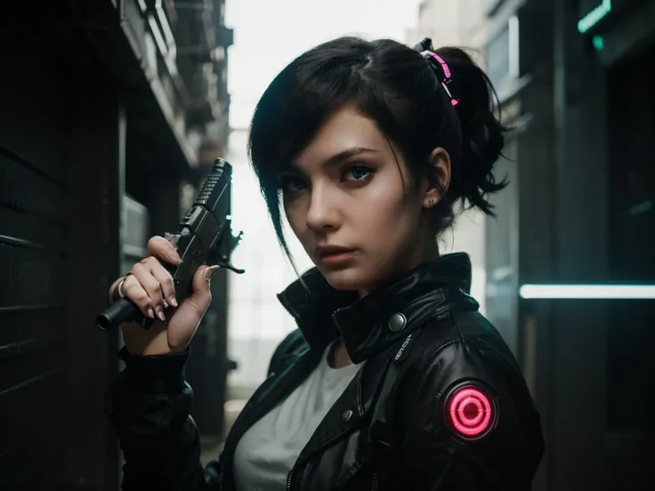 Make a background a girl with cyber punk style with neon color bring a gun