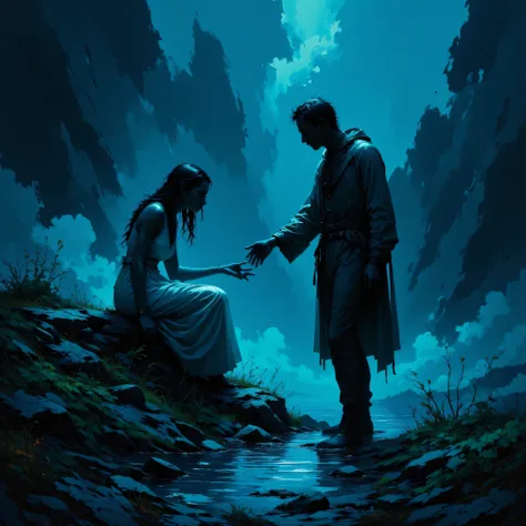 A silhouette of a pale woman with long dark wavy hair and a pure white dress, sitting on a rock, next to a (water well), handing water to a standing man, ((faces are in shadow)), thick mist, ((((deep dark sapphire blue color)))), at night, darkness, shadow...