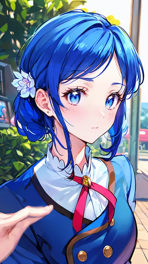 a beautiful young woman with long blue hair, medium length hairstyle, bust-up portrait, wearing casual date outfit, playing in an arcade, 20 years old, aikatsu, aoi kirisame ai, (best quality,4k,8k,highres,masterpiece:1.2),ultra-detailed,(realistic,photore...