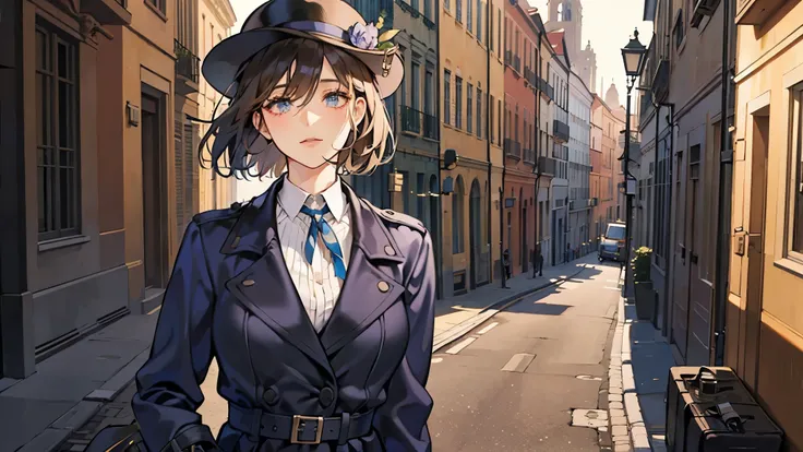 A mysterious incident unfolds in a city reminiscent of Italy. A female detective, dressed like a 1940s investigator in a trench coat and fedora, navigates the streets as she investigates the case.