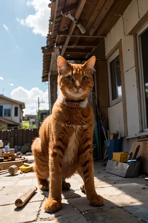 Milo A cute orange cat wearing a yellow construction helmet, standing in front of a half-finished house with artisan tools such as hammers and nails in his hands. The background shows a bright blue sky and building materials strewn around. Taken from a low...