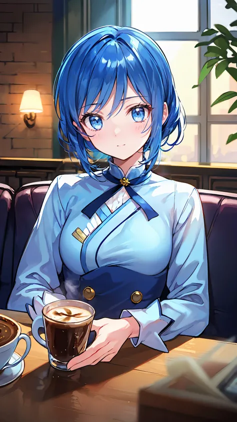 a girl with blue hair, medium hairstyle, turquoise eyes, beautiful hands, perfect figure, in a cafe, date scene, realistic, photorealistic, 8k, ultra-detailed, masterpiece, elegant, soft lighting, warm color tones, cinematic, atmospheric, intricate details...