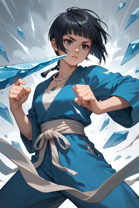   young woman , 18 years old, martial fighter style clothes, On the back of the back one of the sticks, clothes black and blue with white , Necklace with storm-colored crystal.   black hair, Cut Channel.