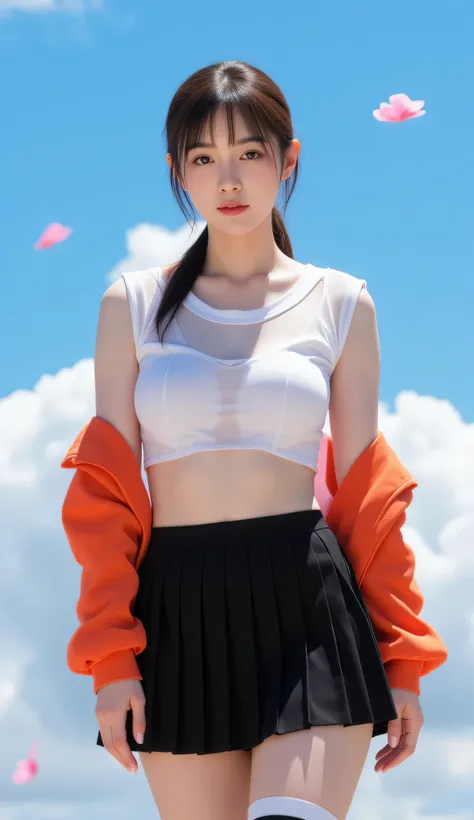 realistic photography a beautiful woman with dark brown hair tied in a low ponytail. She is wearing a sheer white shirt revealing a glimpse of her abdomen, layered with a reddish-orange jacket. She's also wearing a short black pleated skirt and black stock...