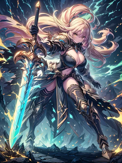 (((masterpiece, best quality, high detailed, 16k))), Sword knight holding a huge sword in her hand, female goddess, Ornate Sword, yellow thunder sword, yellow eyes, yellow long hair, big breasts, white bikini dress, sacred golden of fantasy armor, cropped ...