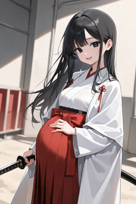 (Best quality, 4k, 8k, high resolution, masterpiece:1.2), ultra detailed, intricate details, SOLO, beautiful girl, alone, long black hair, long hair, bangs, black eyes, small breasts, perfect smooth skin, looking at viewer, head tilted, white kimono, (Preg...