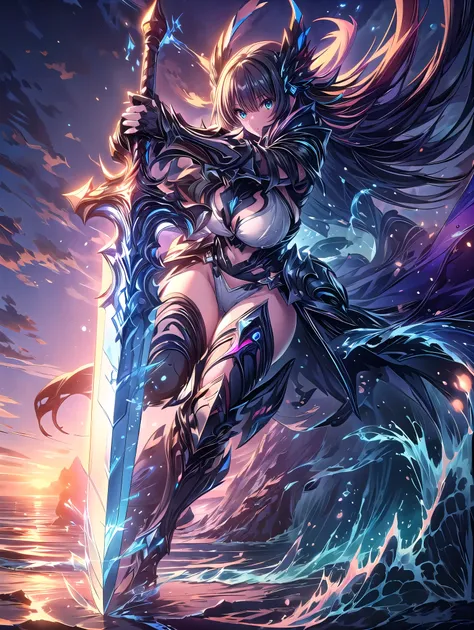 (((masterpiece, best quality, high detailed, 16k))), Female warrior holding a huge sword in her hand, female goddess, Ornate Sword, blue abyss sword, blue eyes, blue long hair, big breasts, white bikini dress, sacred ocean and aqua of fantasy armor, croppe...