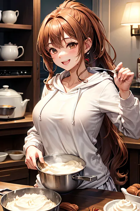 A graceful young lady,(((long wavy chestnut-colour PONYTAIL hair))) and a calm, traditional aura,(brown eyes),(tits),(SMILE), dressed in a white hoodie and a gingham checkered skirt. She stands at a dessert-making station, holding a whisk and mixing cream ...