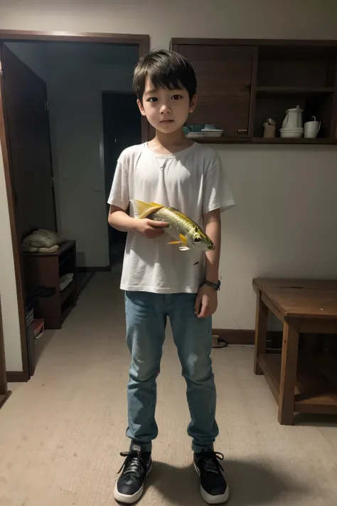 A standing boy who carry fish in on hand and snake in other