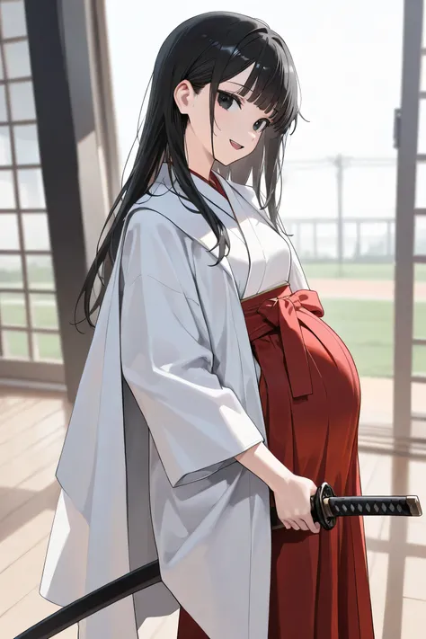 (Best quality, 4k, 8k, high resolution, masterpiece:1.2), ultra detailed, intricate details, SOLO, beautiful girl, alone, long black hair, long hair, bangs, black eyes, small breasts, perfect smooth skin, looking at viewer, head tilted, white kimono, (Preg...