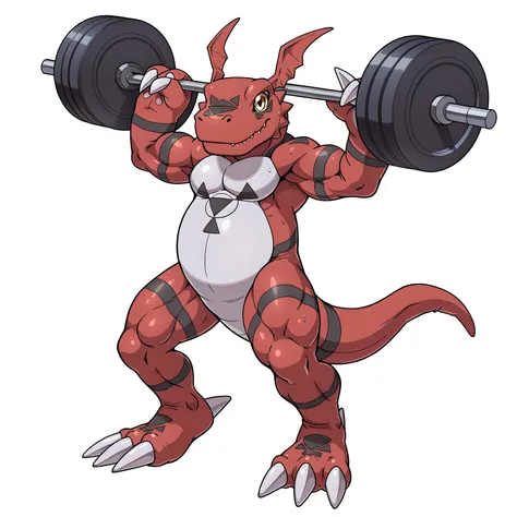 guilmon, high quality, male, solo, white background, no background, looking at viewer, posing, full body, lifting weights, barbell, muscular, thick arms, bulging arms, pecs, (glistening body, glistening muscles), sweaty body