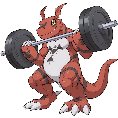 guilmon, high quality, male, solo, white background, no background, looking at viewer, posing, full body, lifting weights, barbell, muscular