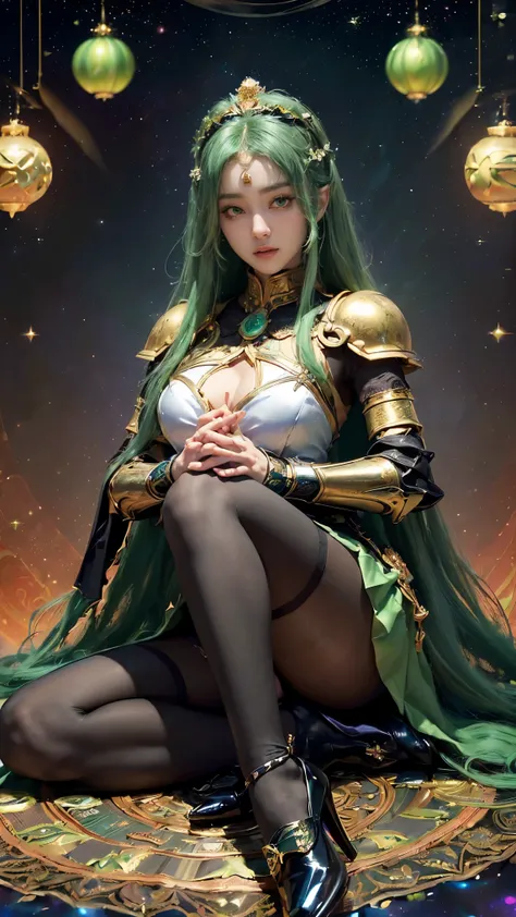 (Absurdly, high quality ,  very detailed,32K、HD、Ultra HD、 golden ratio face、 by Nomi、 complicated、 Heidi Teal、 Ultra High Resolution、futuristic fantasy art)、(((The goddess who protects the East、Shitenno Jikokuten 、 Duritarashtra)))、((( green hair、pocket、gr...