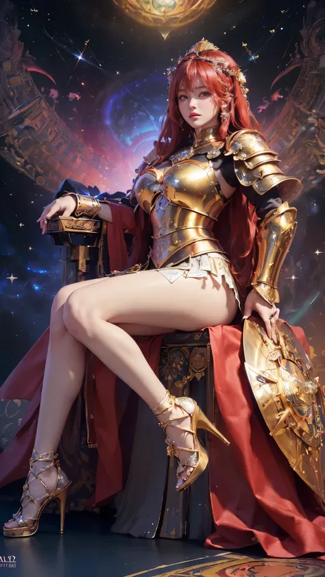 (Absurdly, high quality ,  very detailed,32K、HD、Ultra HD、 golden ratio face、 by Nomi、 complicated、 Heidi Teal、 Ultra High Resolution、futuristic fantasy art)、(((The goddess who protects the south、Shitenno Masuchoten 、Virudaka )))、((( red hair、pocket、Armor A...