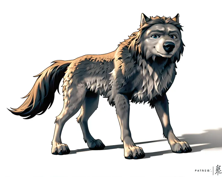 WinstonAO, full view, full body, looking at viewer, feral, wolf, old wolf, male, blue eyes, tail, solo, (white background, simple background), proud, standing tall, strong body, muscular, muscular forelegs, muscular hindlegs, subtle smile, looking at viewe...