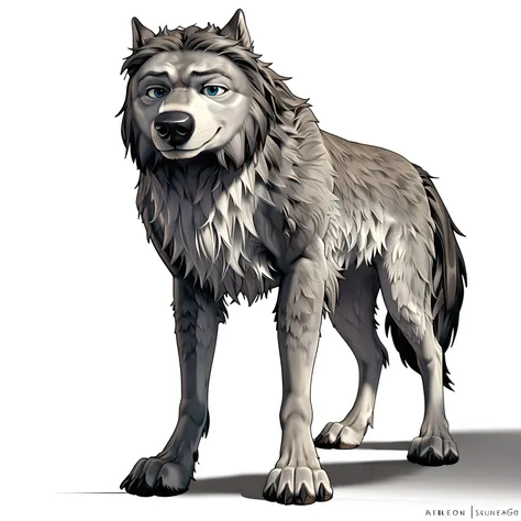 WinstonAO, full view, full body, looking at viewer, feral, wolf, old wolf, male, blue eyes, tail, solo, (white background, simple background), proud, standing tall, strong body, muscular, muscular forelegs, muscular hindlegs, subtle smile, looking at viewe...