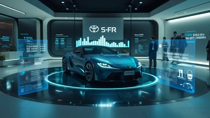 A futuristic car showroom with a holographic display showcasing Toyota S-FR’s performance data, fuel efficiency, and comparison with Mazda MX-5.
